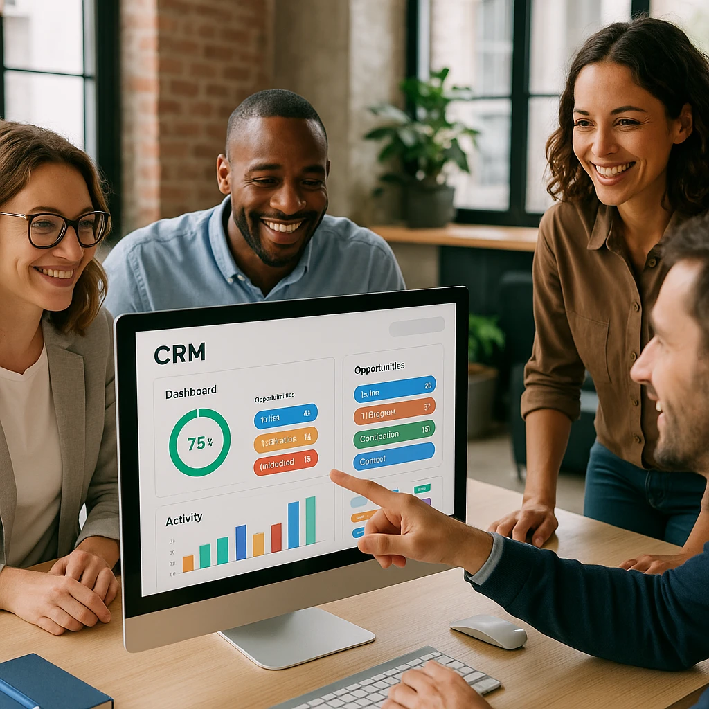 une équipe souriante (3–4 personnes) autour d’un écran montrant un tableau de bord ou CRM.