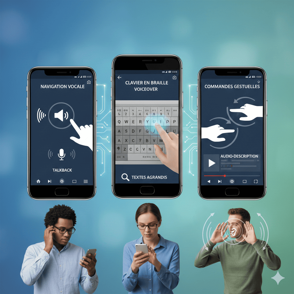 Fonctionnalités d’accessibilité d’une application mobile : navigation vocale, clavier braille, commandes gestuelles et audio-description.