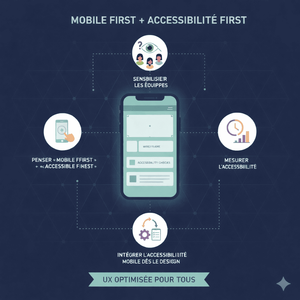 Infographie présentant l’approche « Mobile First + Accessible First », avec l’intégration de l’accessibilité dès la conception, la sensibilisation des équipes, la mesure de l’accessibilité et une UX optimisée pour tous.