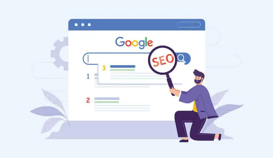 page google avec un bonhomme qui tient une loupe marquée SEO