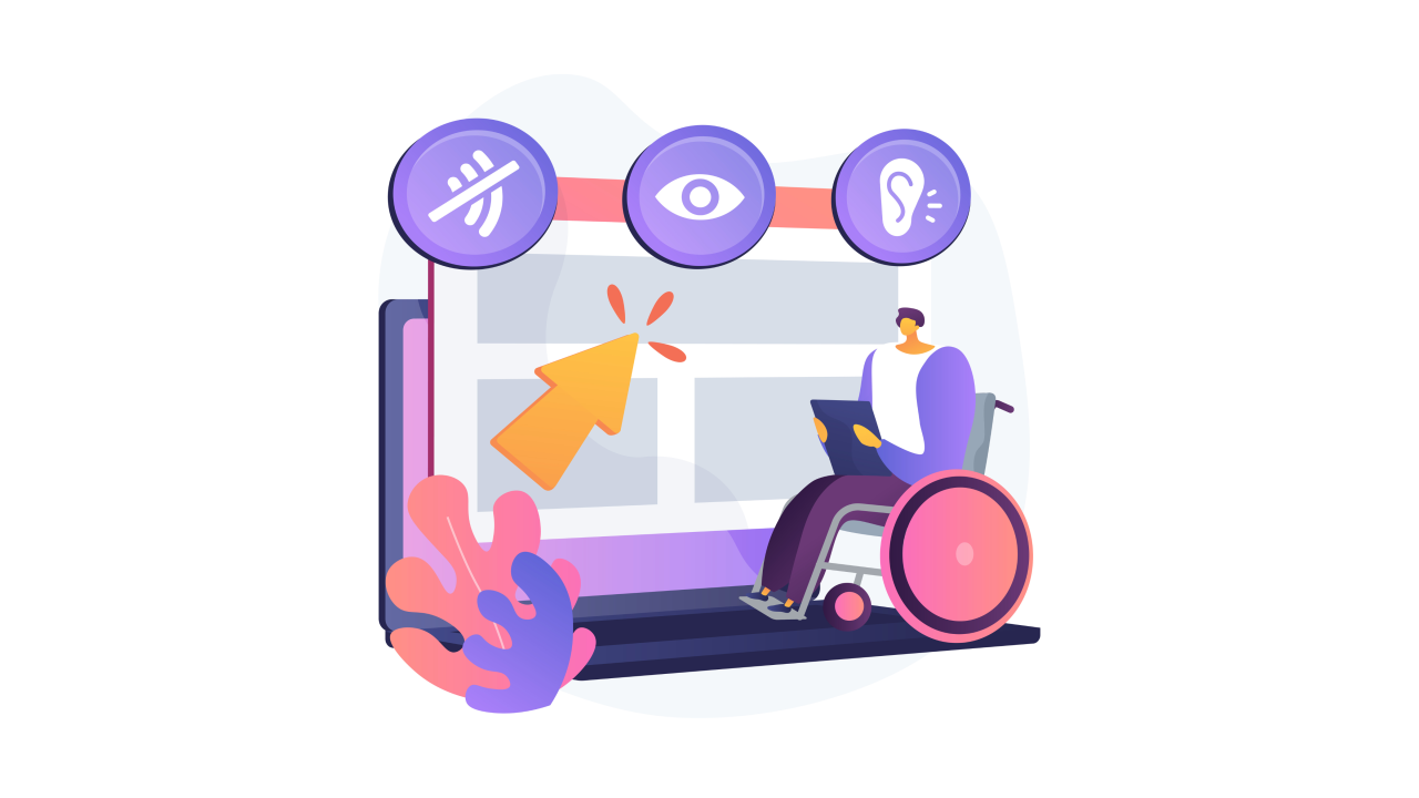 ordinateur avec un fauteuil roulant et des symbole pour tous les handicap afin d'illustrer qu'est-ce que l'accessibilité numérique