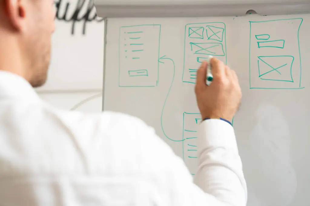 Vue arrière d'un homme écrivant sur un tableau blanc, représentant l'approche stratégique d'une agence UX/UI et Web Design centrée sur l'usager, combinant esthétique et ergonomie pour optimiser l'expérience utilisateur.