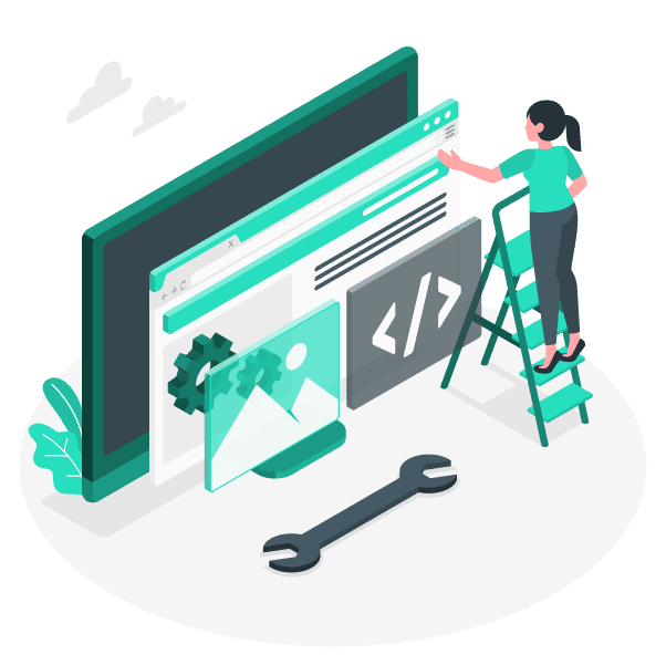 Importance de la maintenance de site web, personne sur une échelle mettant à jour un site, assurant la fonctionnalité et la sécurité