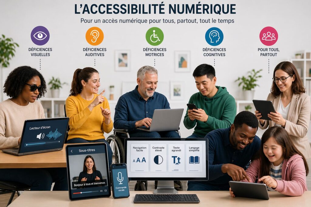 Illustration de l’accessibilité numérique montrant plusieurs personnes aux profils variés et avec différents handicaps utilisant des appareils numériques et des aides d’accessibilité comme lecteur d’écran, sous-titres, commande vocale, contraste renforcé et texte agrandi.