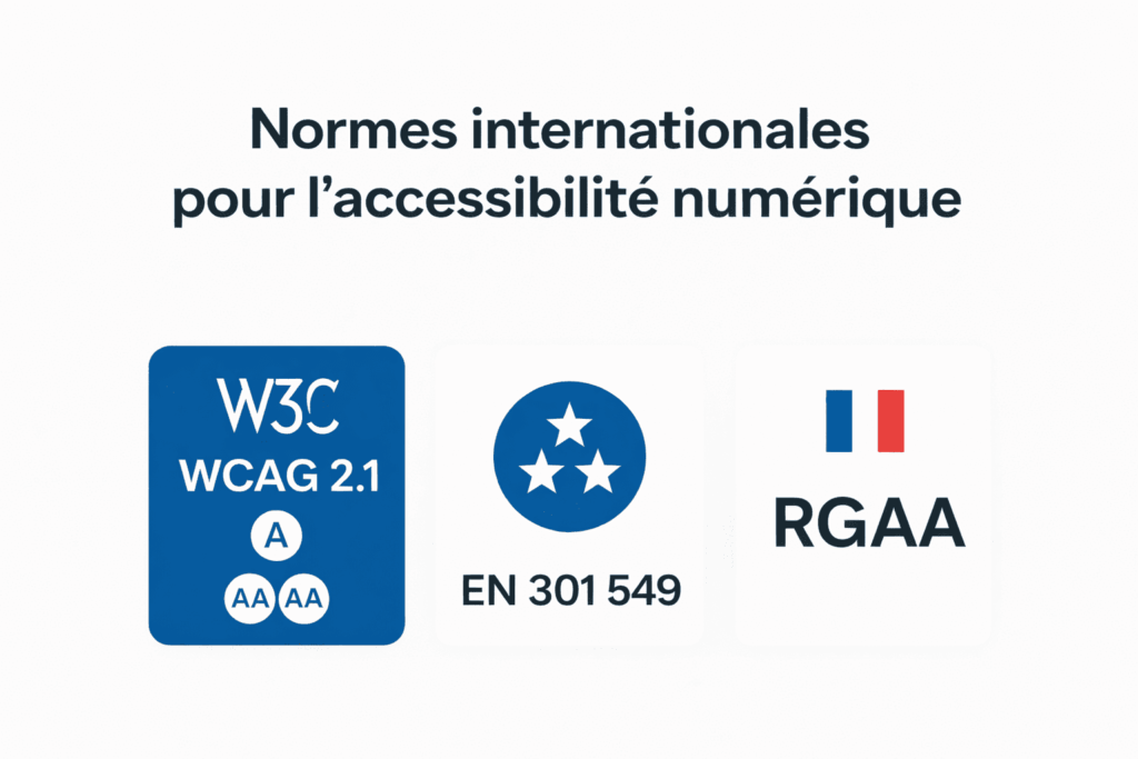 « Illustration présentant les normes internationales de l’accessibilité numérique : WCAG 2.1 (W3C), la norme européenne EN 301 549 et le référentiel français RGAA.