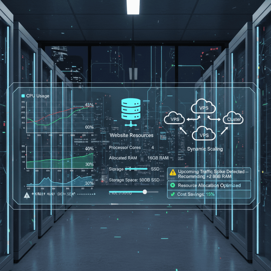 Salle de serveurs avec tableau de bord de supervision montrant l’utilisation CPU, la mémoire, le stockage et un système de serveurs VPS en cloud avec mise à l’échelle dynamique.