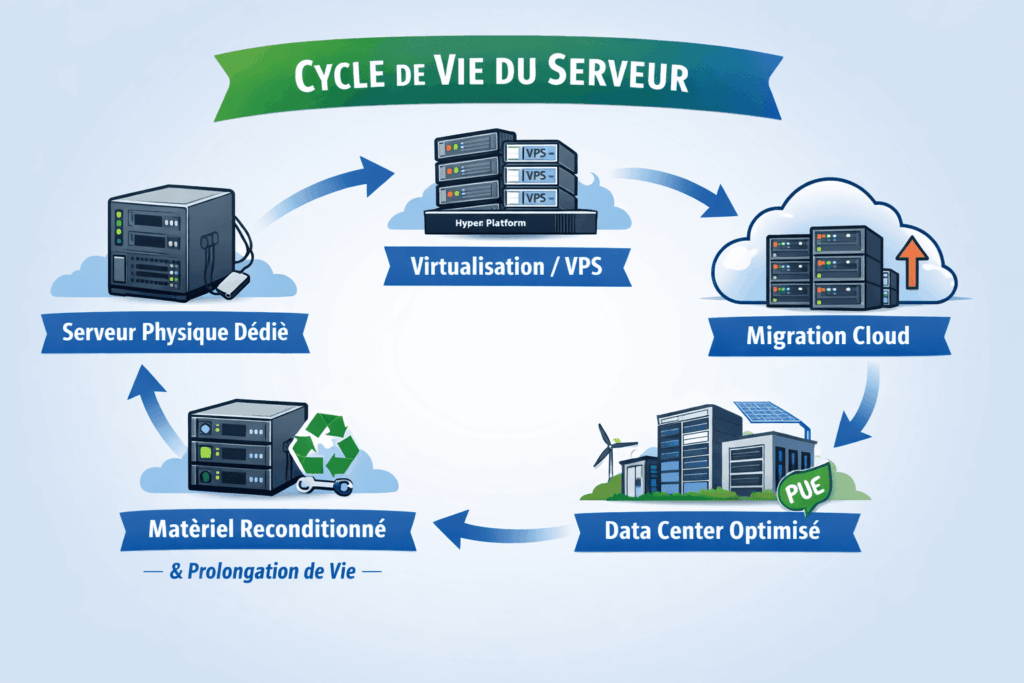 Infographie montrant le cycle de vie d’un serveur éco-responsable : serveur physique dédié, virtualisation VPS, migration cloud, data center optimisé (PUE) et reconditionnement du matériel pour prolonger sa durée de vie.