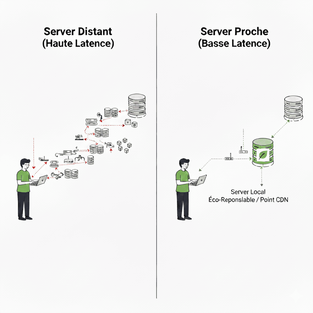 Comparaison entre un serveur distant à forte latence et un serveur local éco-responsable à faible latence montrant la différence de trajet des données et l’impact sur la performance pour un site écologique