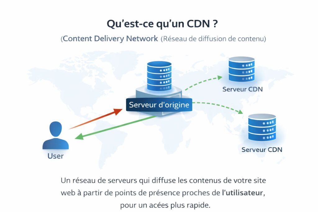 Infographie explicative montrant ce que c’est un CDN avec un serveur d’origine, plusieurs serveurs CDN répartis dans le monde et un utilisateur recevant le contenu depuis le point de présence le plus proche pour un accès plus rapide pour utiliser un CDN