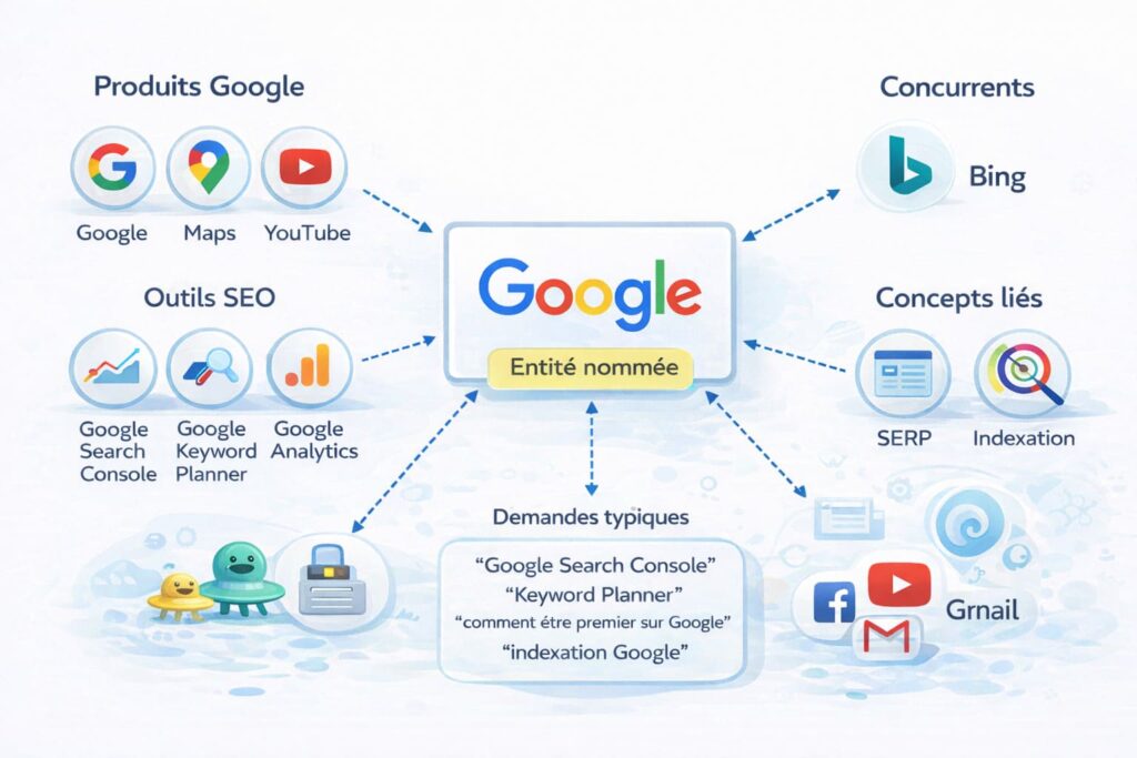 Schéma explicatif de l'entité nommée 'Google' et de son écosystème : produits (Maps, YouTube), outils SEO, concurrents comme Bing, concepts liés comme la SERP, et requêtes types.