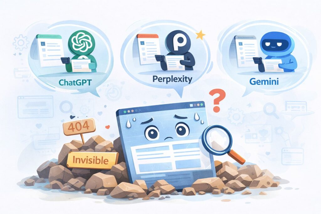 Illustration d’un site web invisible et non cité par les IA (ChatGPT, Perplexity, Gemini), représentant les difficultés de visibilité en GEO