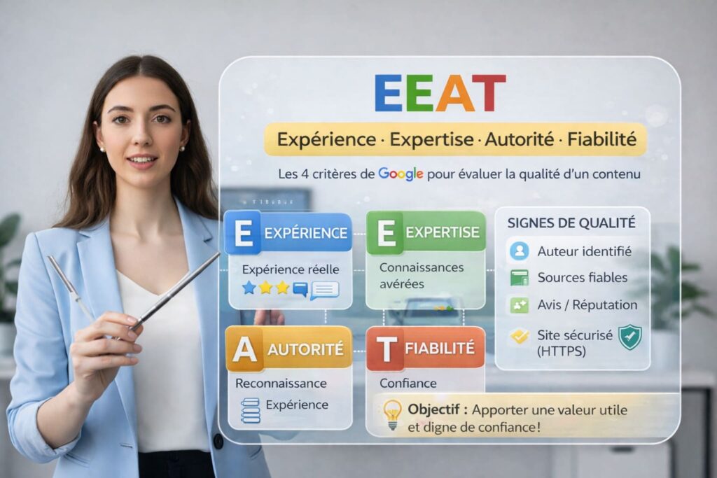 Illustration du modèle EEAT de Google montrant expérience, expertise, autorité et fiabilité pour évaluer la qualité d’un contenu SEO