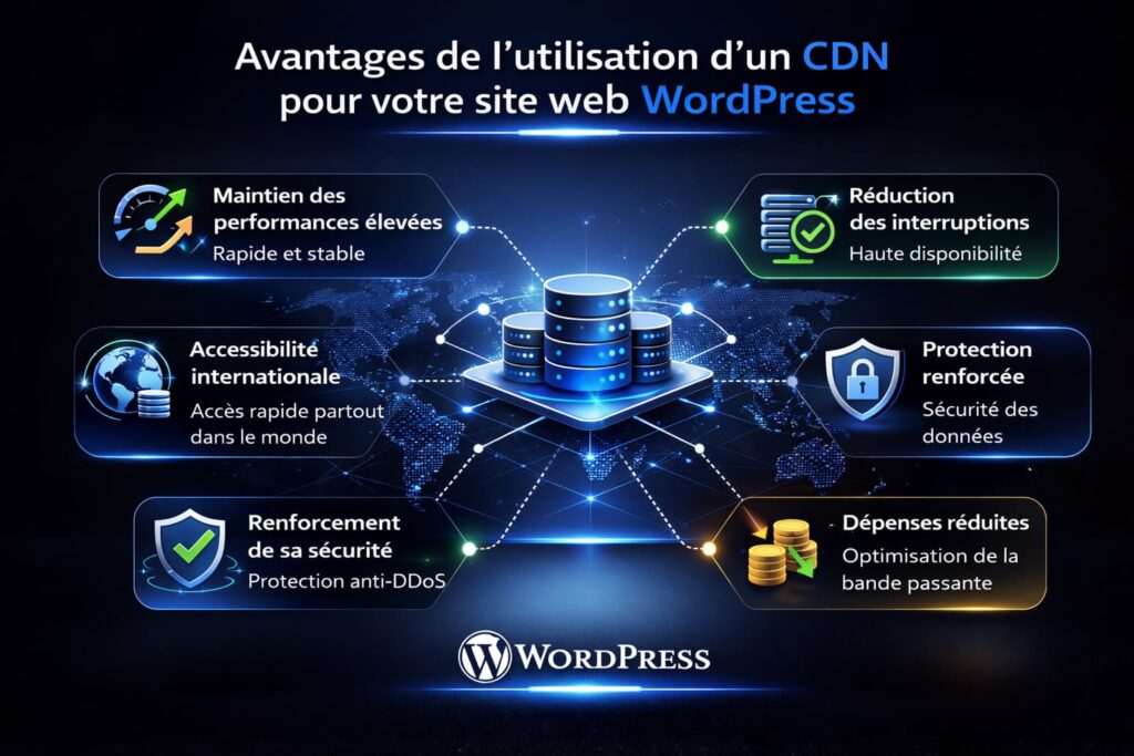 Infographie sur l'avantage de l’utilisation d’un CDN pour améliorer la performance d’un site WordPress et réduire les interruptions et les dépenses.