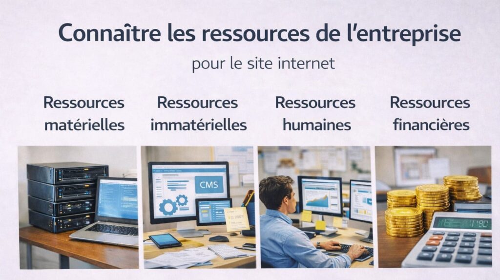 Affiche présentant les différentes ressources de l’entreprise pour un site internet : ressources matérielles, immatérielles, humaines et financières