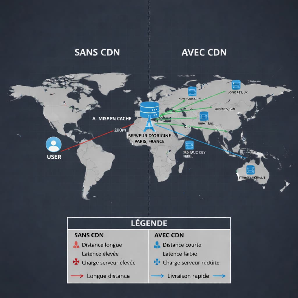 Infographie comparant le fonctionnement d’un site web sans CDN et avec CDN, montrant la différence de distance, de latence et de charge serveur entre un serveur d’origine à Paris et des points de présence (PoP) dans le monde.