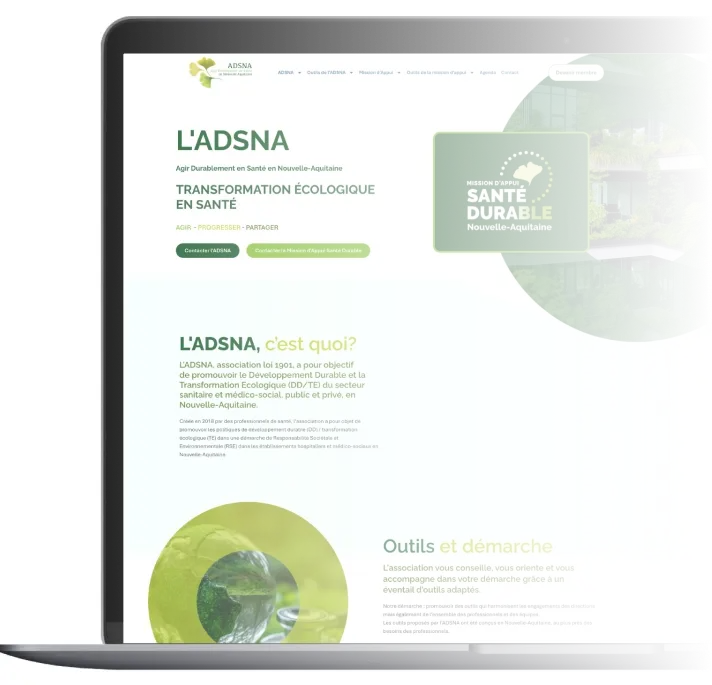 Maquette du site web ADSNA affichée sur un ordinateur portable, présentant la transformation écologique en santé en Nouvelle-Aquitaine avec un design vert et écoresponsable.