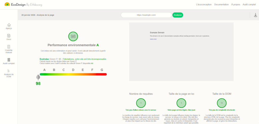 Interface de l’outil EcoDesign by Ethiko affichant un score de performance environnementale A (98) avec écoIndex, nombre de requêtes, poids de page et taille du DOM.