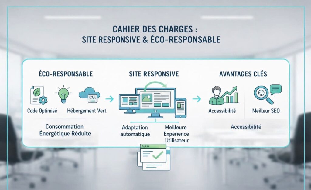 Infographie : cahier des charges d’un site responsive et éco-responsable, avec code optimisé, hébergement vert, adaptation automatique, accessibilité et meilleur SEO