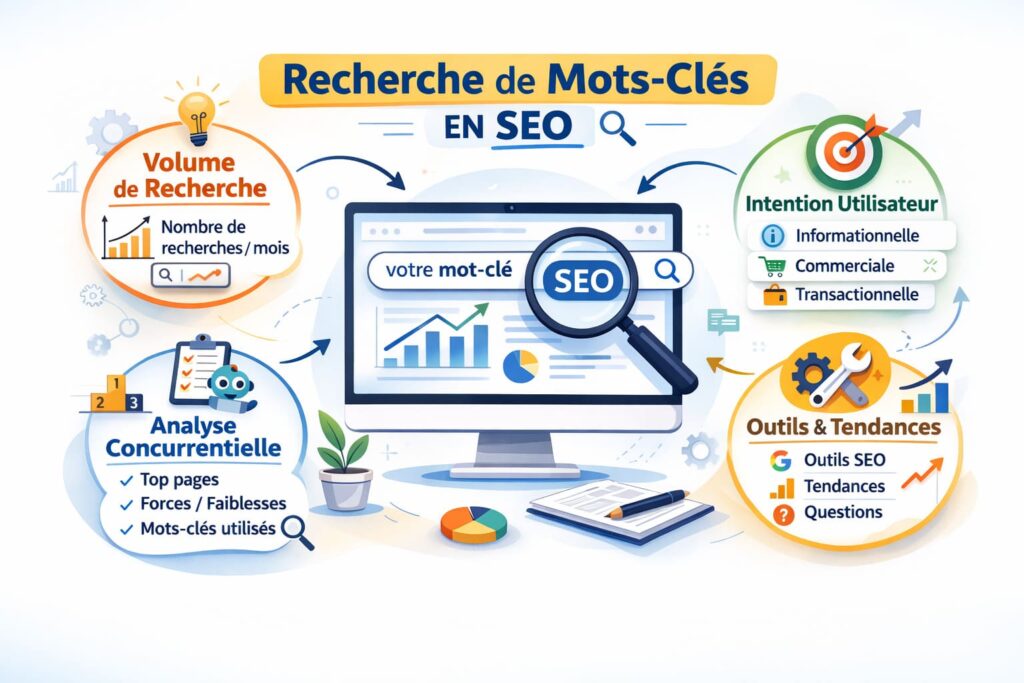 Infographie expliquant la recherche de mots-clés en SEO : volume de recherche, intention utilisateur, analyse concurrentielle et outils.