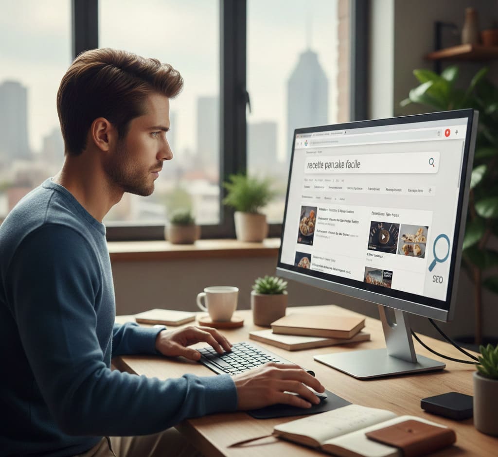 Homme travaillant sur un ordinateur et effectuant une recherche Google pour le mot-clé recette pancake facile