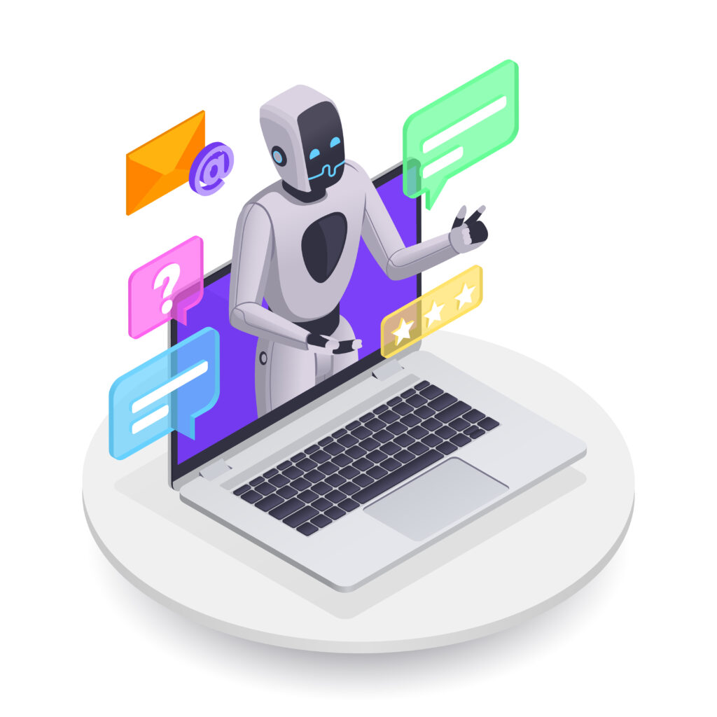 Robot conversationnel sortant d’un ordinateur portable, entouré d’icônes de messages, d’e-mail, de question et d’avis clients, illustrant un service de support ou d’assistance en ligne.