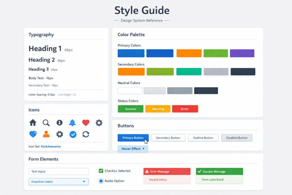 exemple de guide de style UI présentant typographies, palettes de couleurs, icônes, boutons et éléments de formulaires dans un design system