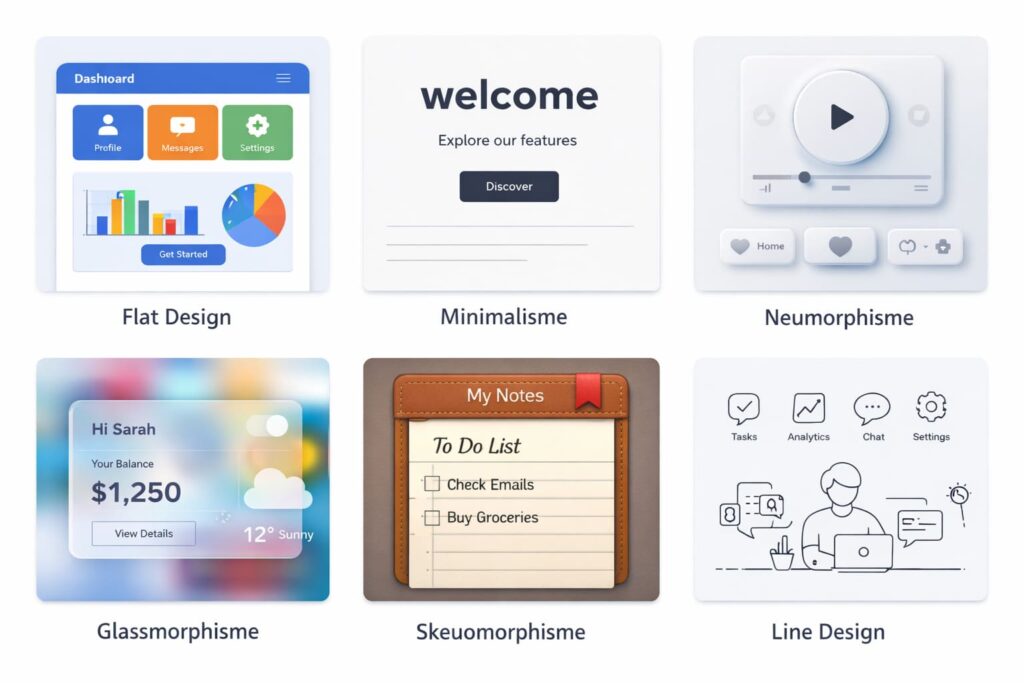 Exemples de styles UI design : flat design, minimalisme, neumorphisme, glassmorphisme, skeuomorphisme et line design présentés sous forme d’interfaces comparatives.