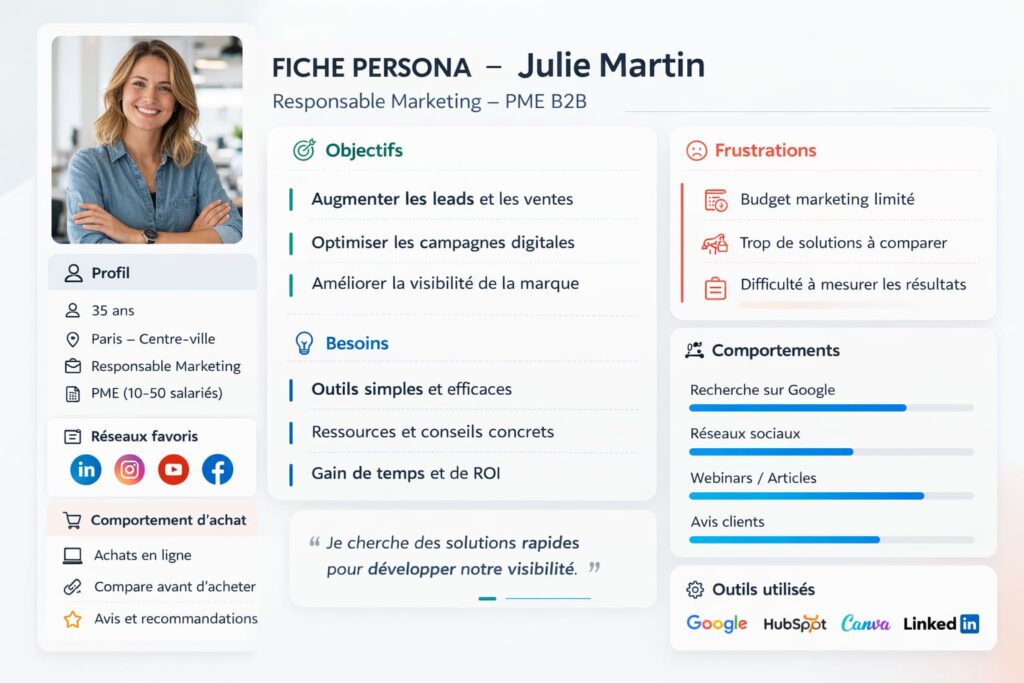 Exemple de fiche marketing détaillée pour faire un persona efficace avec profil utilisateur, objectifs, frustrations, besoins et comportements d’achat.