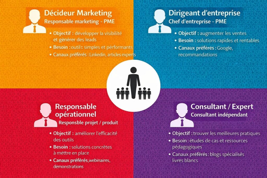Exemple de segmentation d’audience en plusieurs personas marketing pour comprendre les profils clients et leurs objectifs.