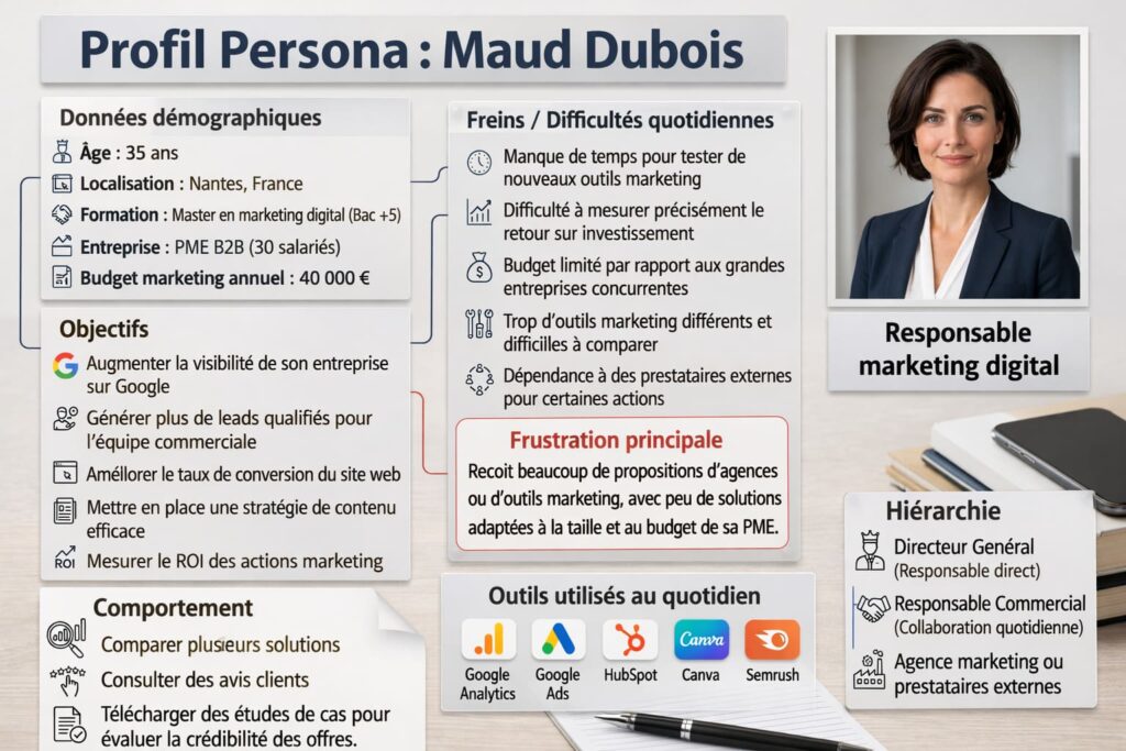 Fiche persona marketing de Maud Dubois, responsable marketing digital dans une PME B2B, présentant ses données démographiques, objectifs marketing, frustrations, comportements et outils utilisés au quotidien.