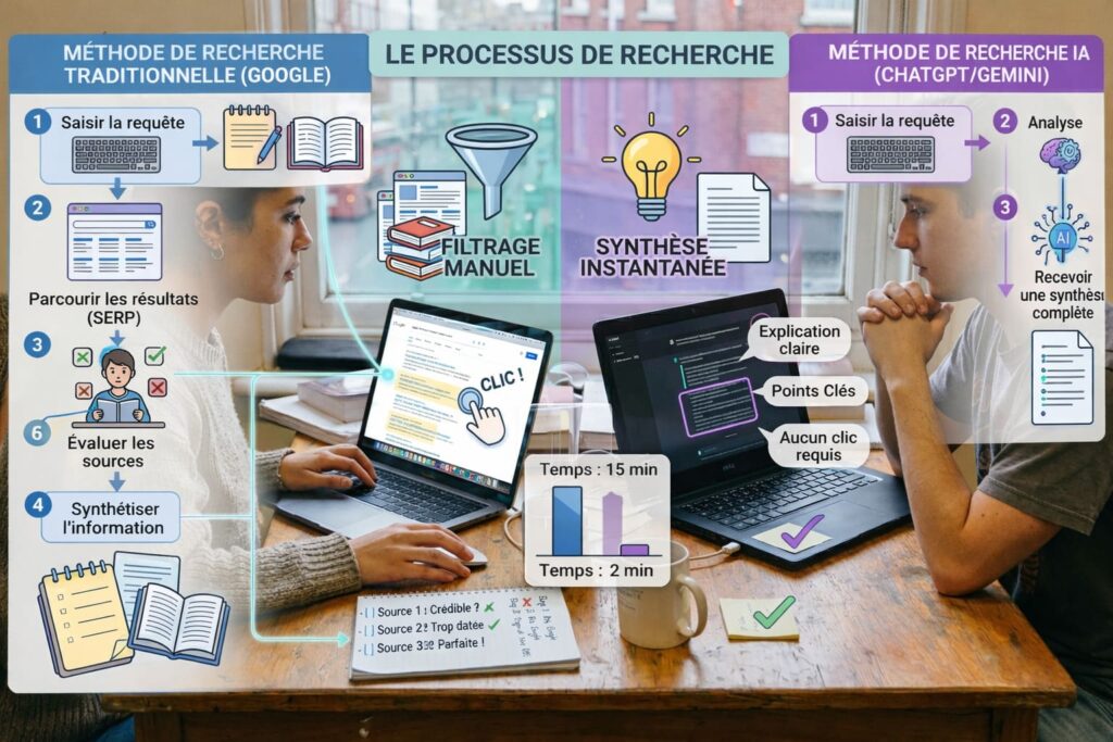 Infographie comparant la recherche traditionnelle sur Google et la recherche par IA avec ChatGPT et Gemini, montrant un processus plus long avec tri des sources à gauche et une réponse synthétique plus rapide à droite.