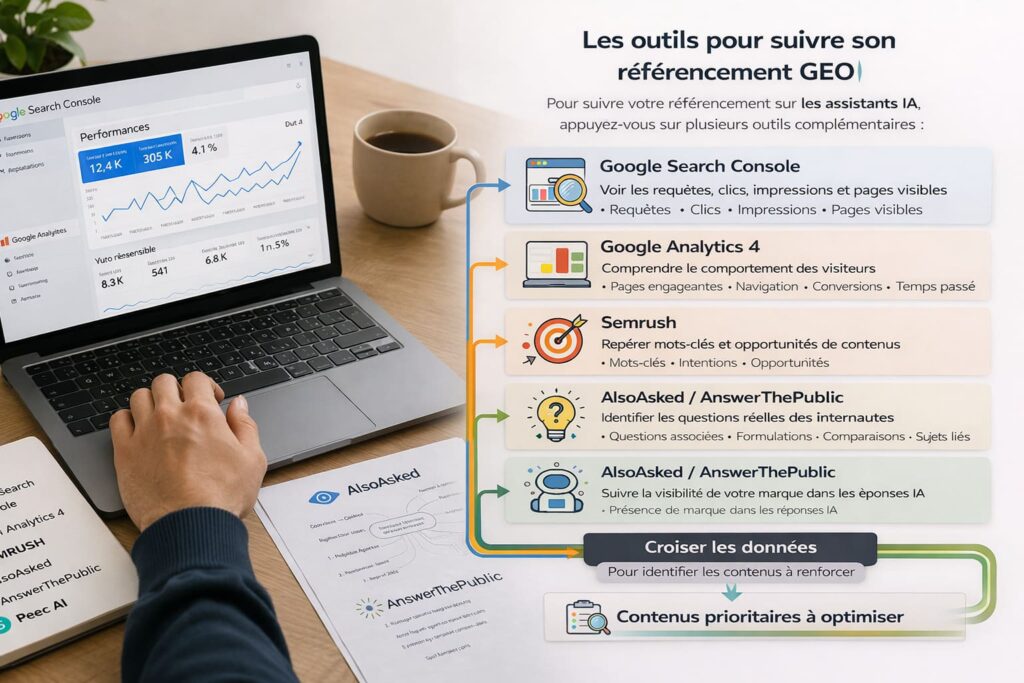 Schéma montrant les outils complémentaires pour analyser son référencement GEO : Search Console, Analytics 4, Semrush, AlsoAsked, AnswerThePublic et Peec AI.