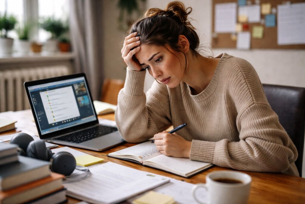 Personne assise devant un ordinateur, l'air frustré et fatigué, entourée de livres et de notes, peinant à suivre une formation en ligne.