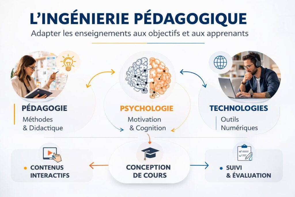 Illustration de l’ingénierie pédagogique montrant la combinaison de la pédagogie, de la psychologie et des technologies numériques pour concevoir des formations en ligne avec contenus interactifs, suivi et évaluation des apprenants.