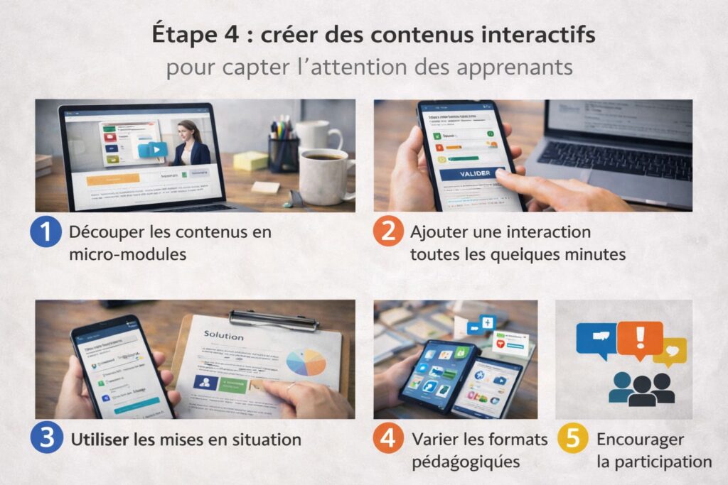 Tableau de bord d’un LMS sur ordinateur montrant la progression des apprenants, les modules de formation en ligne et les ressources pédagogiques centralisées.