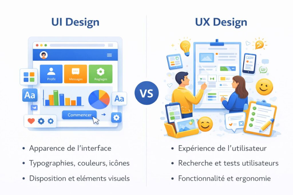 infographie comparative entre UI design et UX design montrant les différences entre l’apparence de l’interface et l’expérience utilisateur, avec exemples visuels et explications en français.