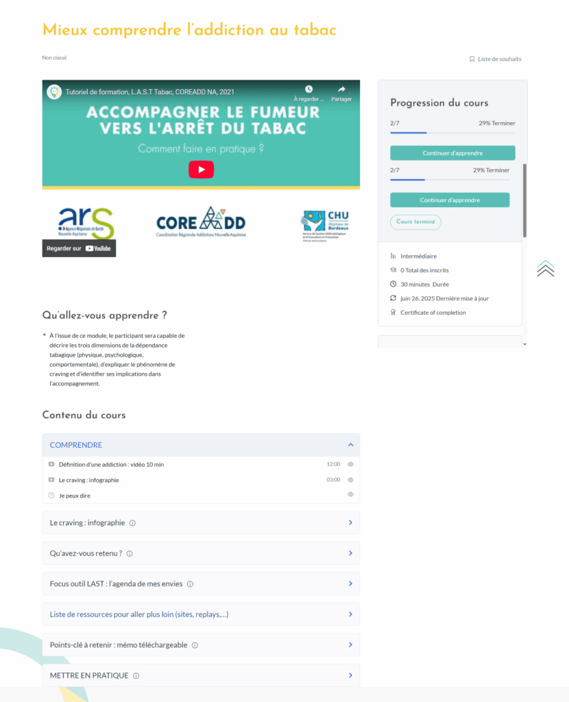 Tableau de bord de la plateforme de formation en ligne LAST avec espace membre et parcours e-learning