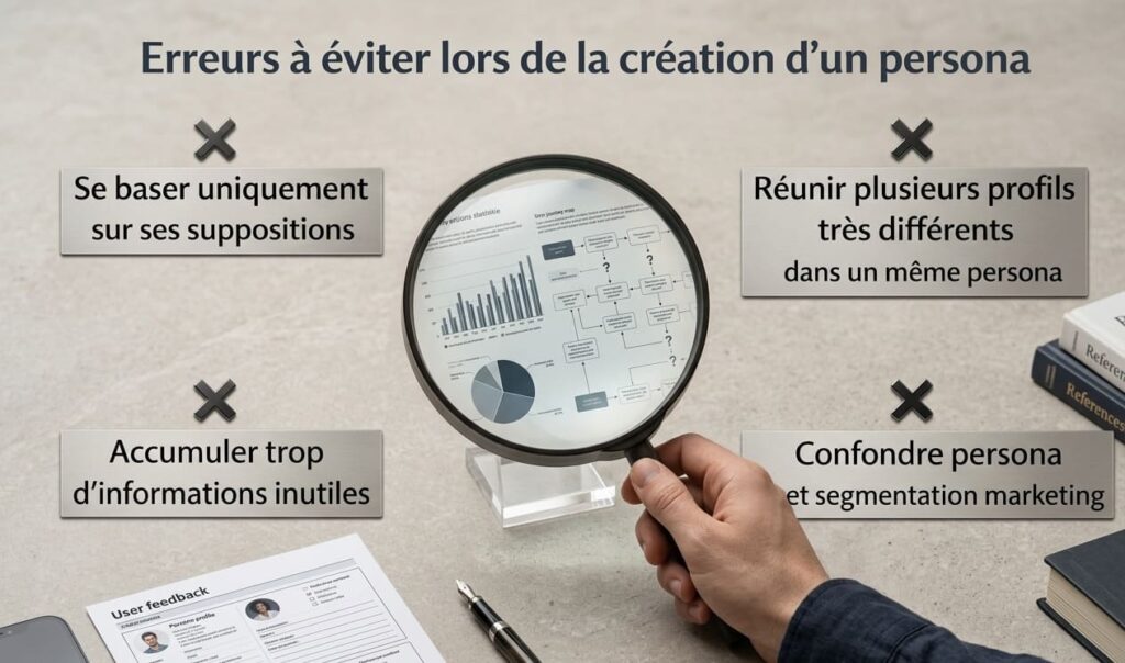 Infographie présentant les erreurs à éviter pour faire un persona : suppositions sans données, mélange de profils différents, accumulation d'infos inutiles et confusion avec la segmentation.