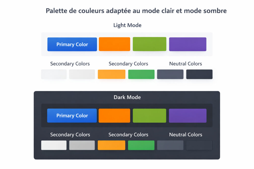 Exemple de palette de couleurs UI avec couleur principale, secondaires et teintes neutres, présentée en mode clair et mode sombre pour garantir la lisibilité.
