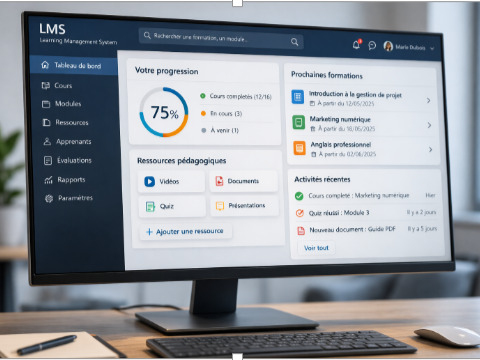 Tableau de bord d’un LMS sur ordinateur montrant la progression des apprenants, les modules de formation en ligne et les ressources pédagogiques centralisées.