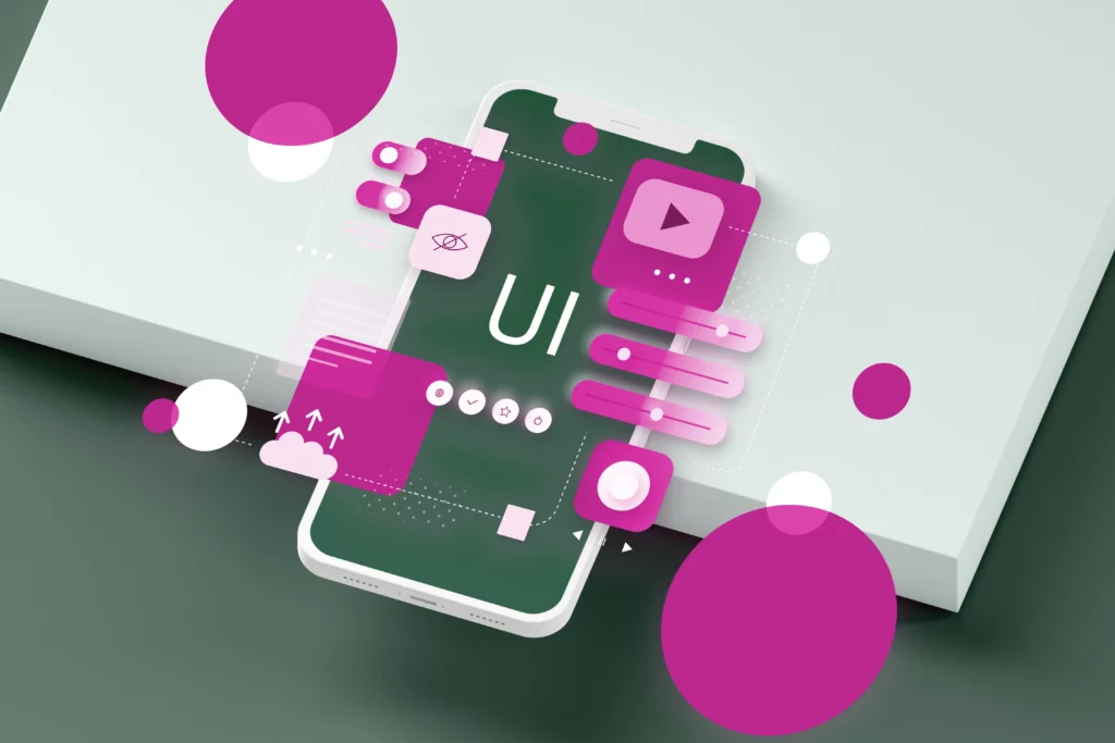 Illustration UI design d’une interface mobile avec composants graphiques pour un guide sur la création et la refonte d’interface web