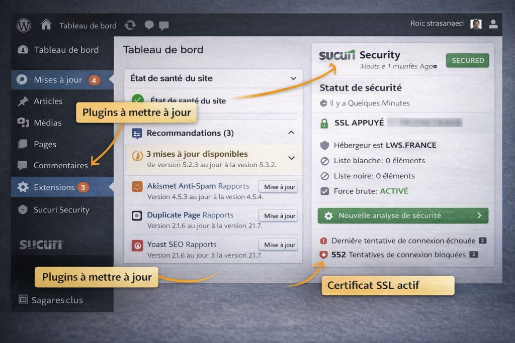 Capture d’écran annotée d’un tableau de bord WordPress de sécurité montrant les plugins à mettre à jour, le certificat SSL actif et les tentatives de connexion bloquées.
