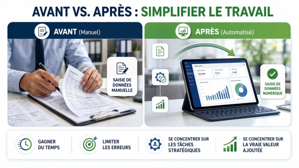 Comparatif vant-après montrant l'automatisation des tâches admin : passage d'une saisie de données manuelle sur papier à un processus numérique fluide sur tablette pour gagner en efficacité.