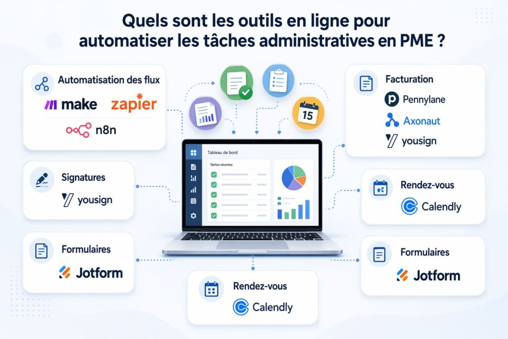 Illustration des outils en ligne pour automatiser les tâches administratives en PME, avec Make, Zapier, n8n, Pennylane, Axonaut, Yousign, Calendly et Jotform organisés par usage autour d’un tableau de bord central.