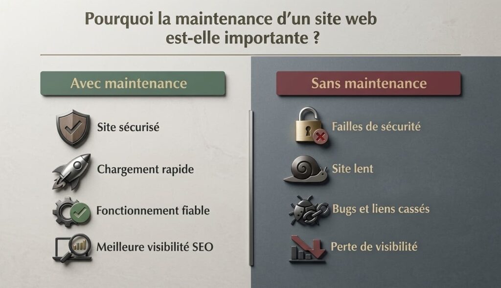 Infographie comparative expliquant comment faire une maintenance de site web efficace : avantages d'un site sécurisé et rapide versus les risques de failles et de lenteur sans entretien.
