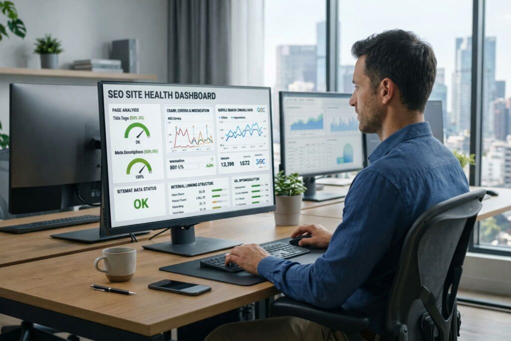 Homme assis dans un bureau moderne devant un grand écran affichant un tableau de bord SEO avec indicateurs de performance, erreurs d’exploration, indexation et structure de liens internes.