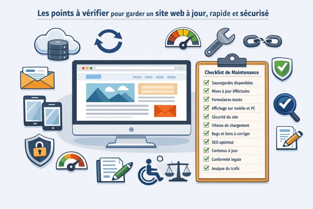Illustration d’une checklist de maintenance de site web avec écran d’ordinateur, liste de vérifications et pictogrammes liés aux sauvegardes, mises à jour, sécurité, performance, SEO, accessibilité et analyse du trafic.