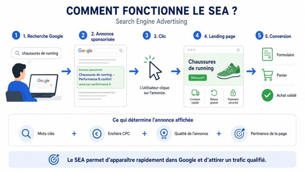 Illustration expliquant comment faire du SEA, avec le parcours d’un utilisateur depuis sa recherche Google jusqu’à l’annonce sponsorisée, le clic, la landing page et la conversion.