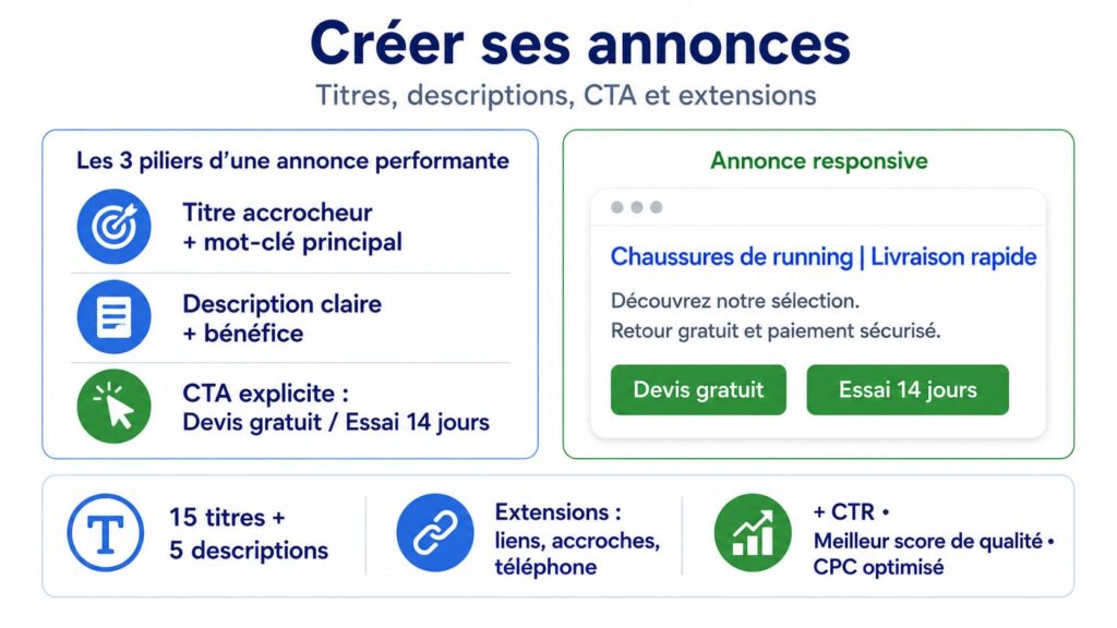 Illustration expliquant comment créer ses annonces SEA avec un titre accrocheur, une description claire, un CTA explicite, des annonces responsives et des extensions d’annonces pour améliorer le CTR et optimiser le CPC.