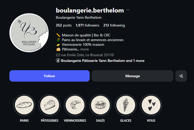 Profil Instagram de la Boulangerie Yann Berthelom présentant les stories à la une : pains, pâtisseries, viennoiseries, salés, glaces et avis clients.